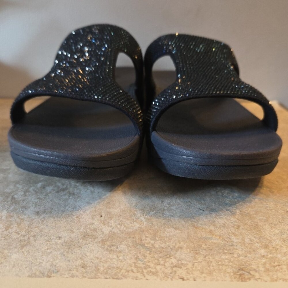 Sz 9 FITFLOP Sandals Lulu Marli Rhinestone Slide Wedge Navy Blue Sparkly 2" Heel - Picture 3 of 11